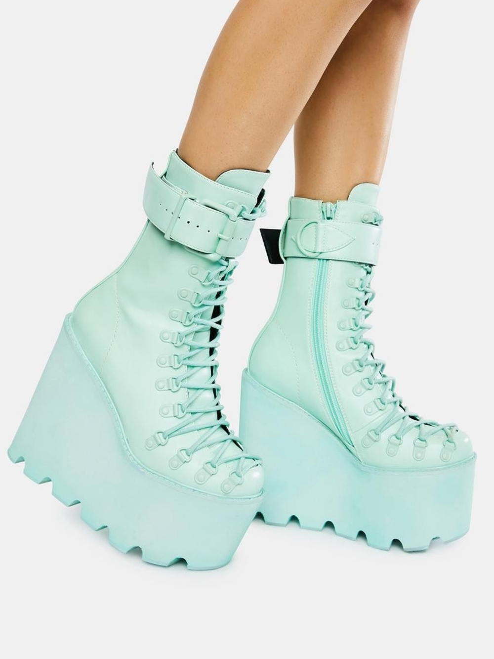 Platform Lace-Up Boots in Mint Seafoam Teal Green Like New